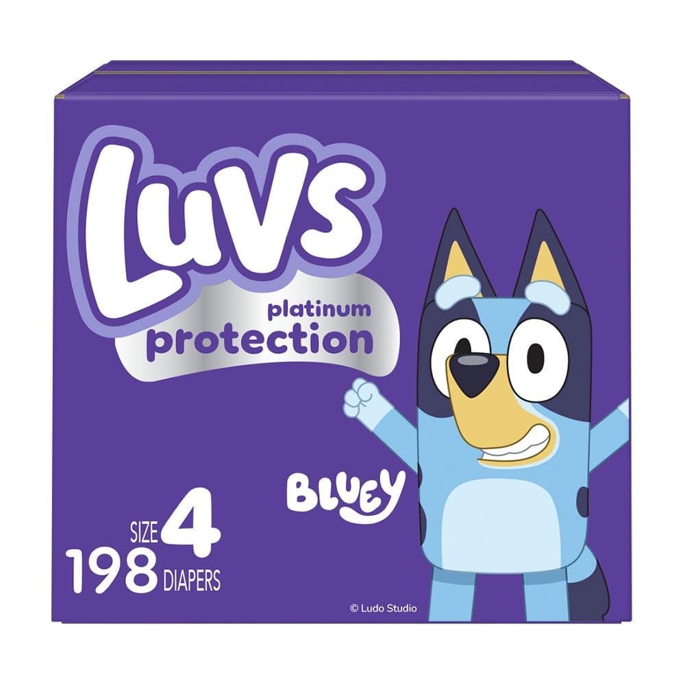 Luvs Size 4 Baby Diapers, Platinum Protection Bluey Diapers for Day & Night, Size 4, 198 Count