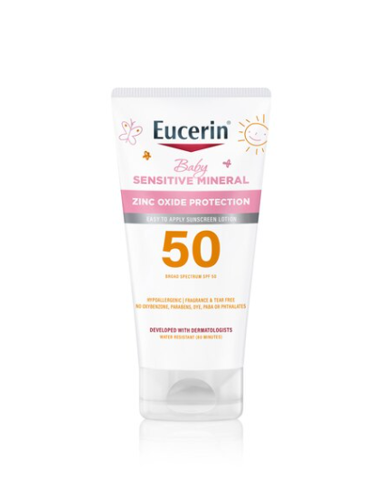Eucerin Sun Sensitive Mineral Baby Sunscreen Lotion SPF 50 with Zinc Oxide Protection, Hypoallergenic Mineral Sunscreen for Babies, Tear Free and Fragrance Free, 4 Fl Oz