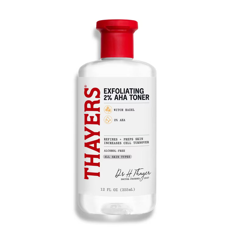 Thayers 2% AHA Exfoliating and Brightening Toner with Glycolic Acid, Lactic Acid and Witch Hazel, Smoothing and Pore Refining Skin Care for All Skin Types, 12 Fl Oz